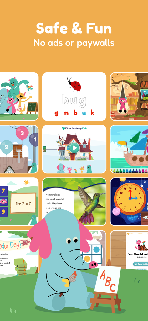 Khan Academy Kids - A collection of safe and educational games for children featuring characters like Ollo the Elephant painting ABCs.
