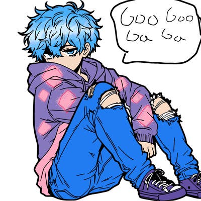 a male hoddie ripped jeans messy hair anime