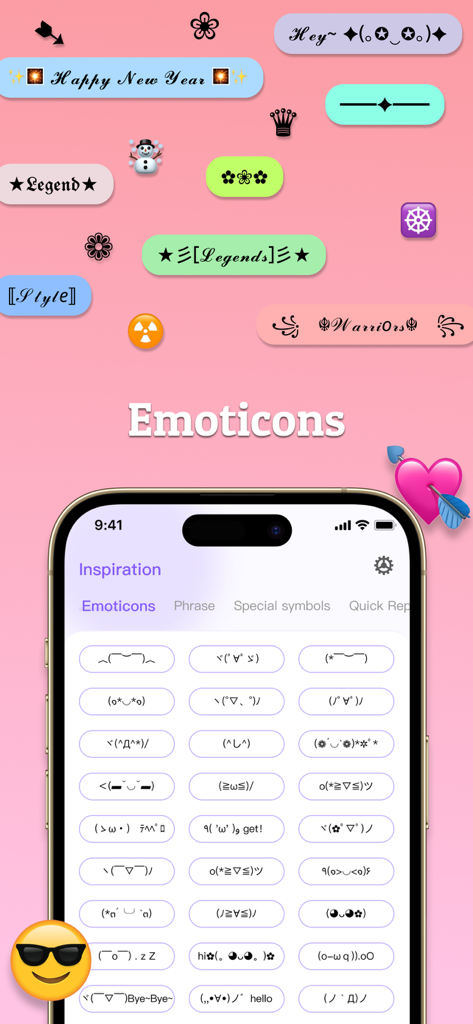 Fonts Art: Keyboard Fonts - Interface of Fonts Art app showing a collection of text based emoticons and kaomoji
