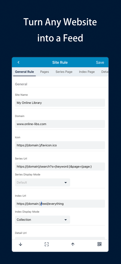 Yealico - Yealico App-Bildschirm, der die Website-Regelkonfiguration zur Umwandlung einer Website in einen benutzerdefinierten Feed zeigt.