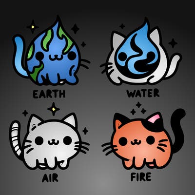 4 cats that represent the different elements, earth, water, air, and fire