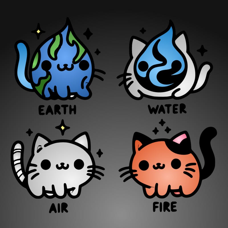 4 cats that represent the different elements, earth, water, air, and fire