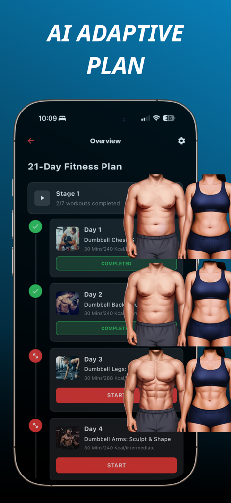 Écran de smartphone affichant un plan d'entraînement adaptatif IA de 21 jours avec des visuels de transformation corporelle