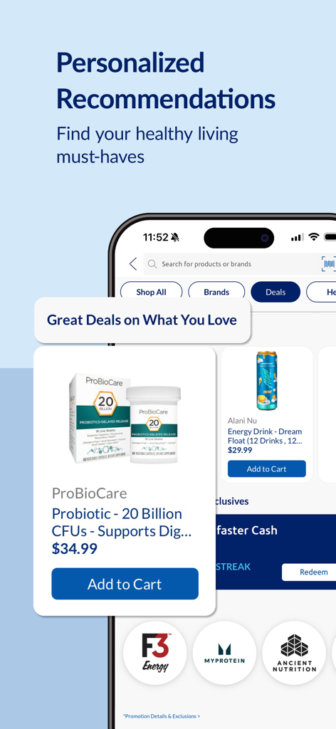 The Vitamin Shoppe app interface showing personalized health product recommendations and probiotic deals