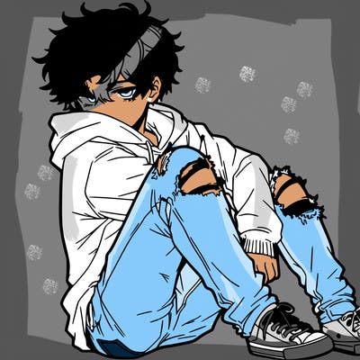 a male hoddie ripped jeans messy hair anime