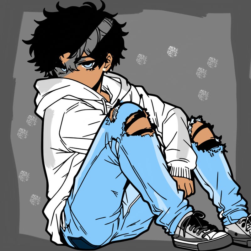 a male hoddie ripped jeans messy hair anime