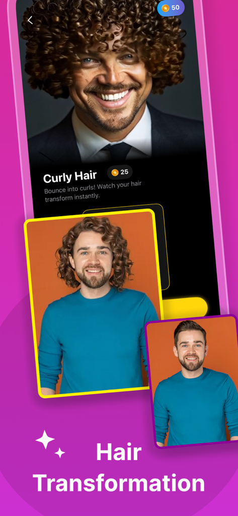 AI Video Edit Maker - Touchify - A man with curly hair shown as a transformation result in the Touchify AI video editor app