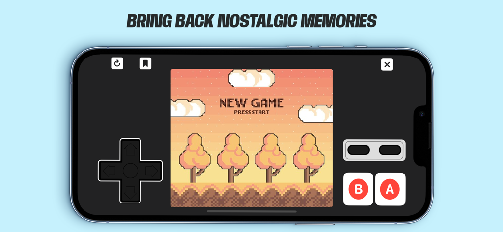 Dolphin Emulator - Basic - A smartphone in landscape orientation running a retro NES game with on-screen virtual controls and pixel art graphics.