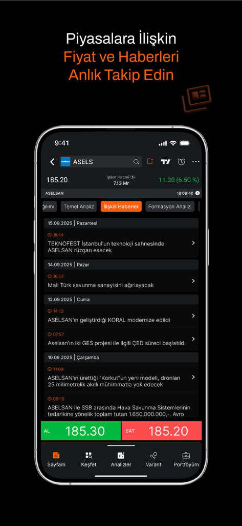 Matriks Mobil IQ: Borsa Döviz - 株ニュースと取引ボタンをダークモードで表示するMatriks Mobil IQアプリのインターフェイス。