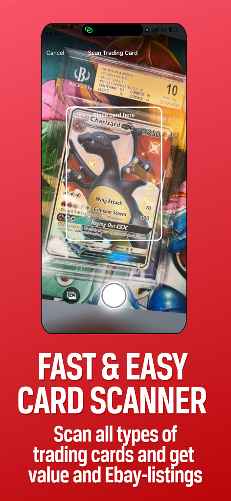 TCG Scanner: AI - TCG Scanner AI mobile app interface scanning a graded Charizard Pokemon card to identify its value and market listings