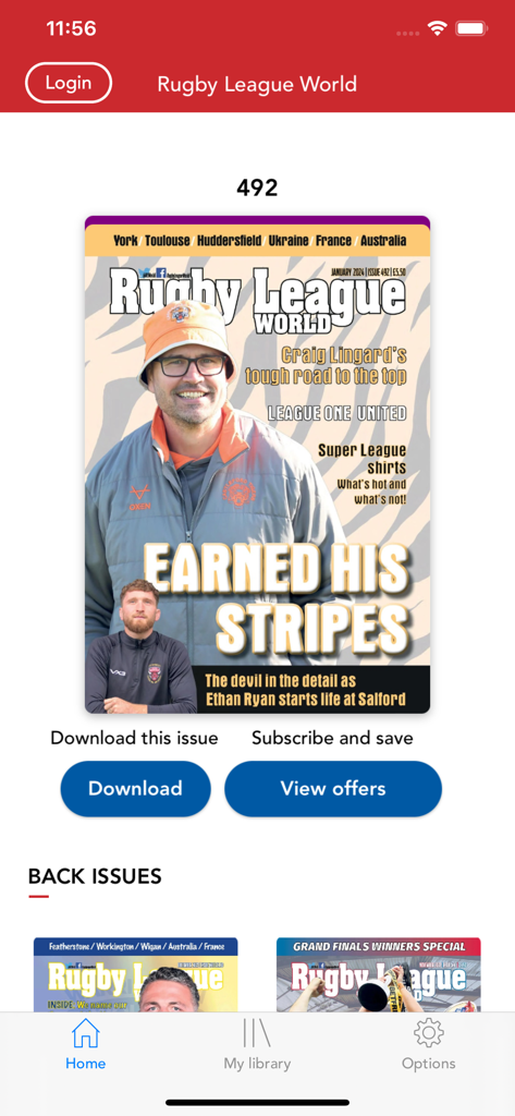 Rugby League World - Tela inicial do aplicativo Rugby League World mostrando a capa da edição atual da revista e opções de assinatura digital
