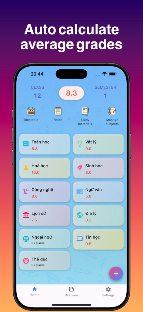 myGrade: Student Grade Report - Mobile app dashboard of myGrade showing automatic calculation of student subject grades and overall average
