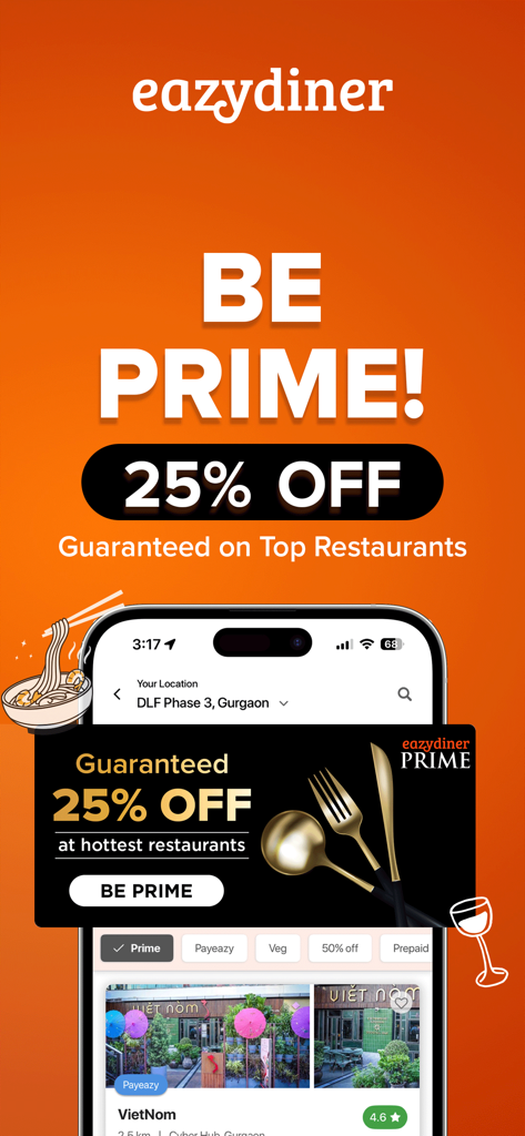 EazyDiner : Eat Out & Save - EazyDiner app promotion showing 25 percent discount on top restaurants with Prime membership