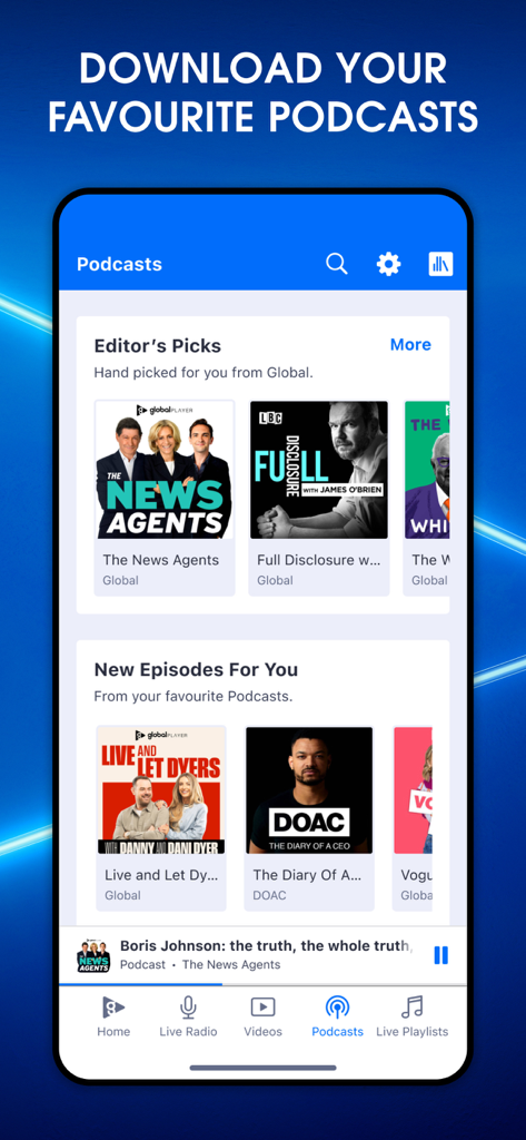 Global Player app interface displaying the podcasts section with curated editor picks and new episodes