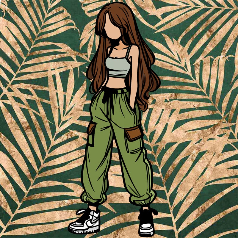 girl in baggy pants crop top and long hair