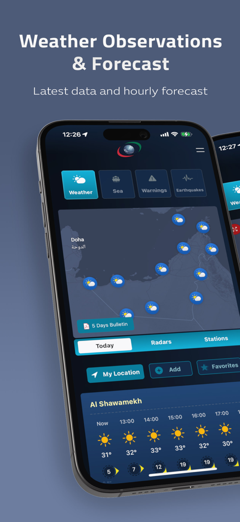 Weather UAE mobile app interface displaying a regional weather map and hourly temperature forecast for Al Shawamekh