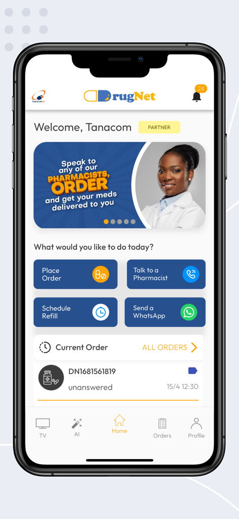 DrugNet mobile app home screen with medication ordering and pharmacist contact features