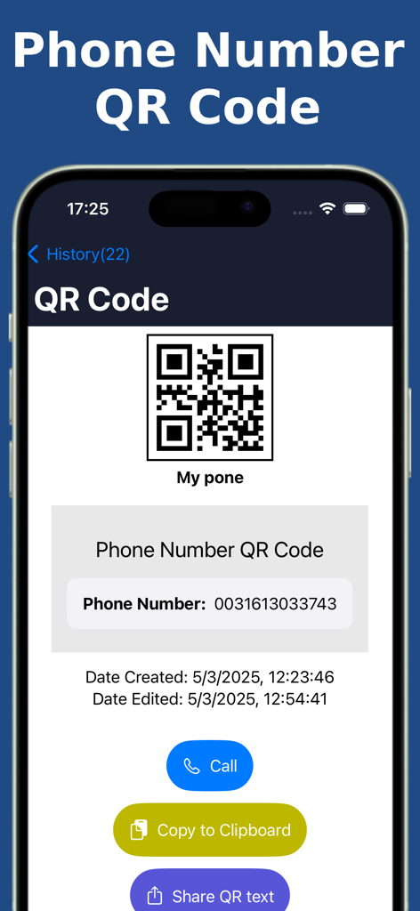Easy QR Pro : QR Scanner - Pantalla de un iPhone que muestra un código QR de número de teléfono escaneado con botones de acción para llamar y copiar.