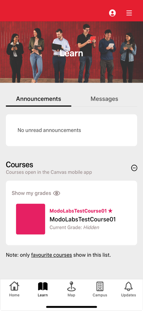 グリフィス大学アプリの「学習」タブ。お知らせと統合されたCanvasコースが表示されています。