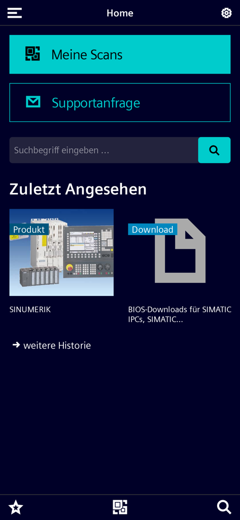 Industry Online Support - Siemens Industry Online Support app home screen with scan and support features