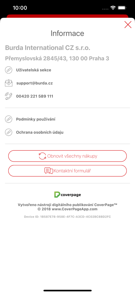Chip CZ app information screen showing publisher contact details and support buttons