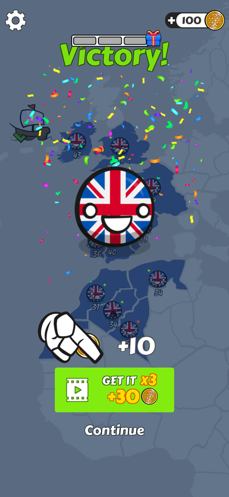 Un Countryball del Reino Unido celebrando la victoria en un mapa del mundo con recompensas y confeti