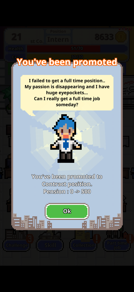 Ventana emergente en el juego que muestra a un personaje ascendido a un puesto de contrato con un cuadro de diálogo cínico sobre la búsqueda de empleo.