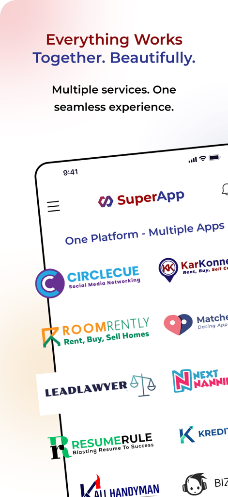 SuperApp, Inc. - Interface of SuperApp showing various integrated services for social networking, housing, and professional needs.