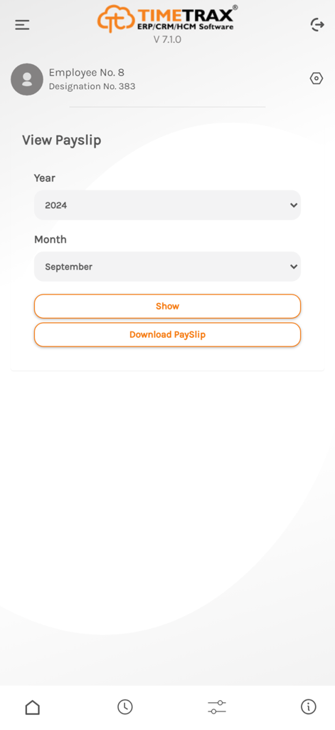 Mobile screen of TimeTrax app showing the View Payslip feature with year and month selection options