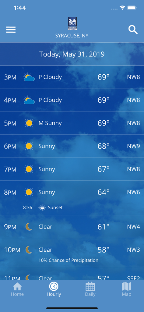 Hourly weather forecast for Syracuse NY on CNY Central Weather app