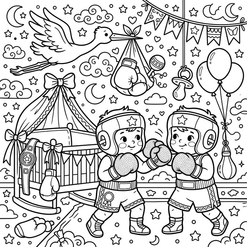 Step into the ring with this incredibly cute Baby Boxers coloring page, a delightful blend of athletic spirit and baby shower charm. Perfect for celebrating a future champion, this unique design offers endless creative coloring possibilities.