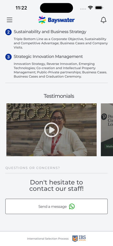 IBS Americas - Tela do aplicativo IBS Americas mostrando módulos do curso, depoimentos de alunos e um botão de contato de suporte via WhatsApp