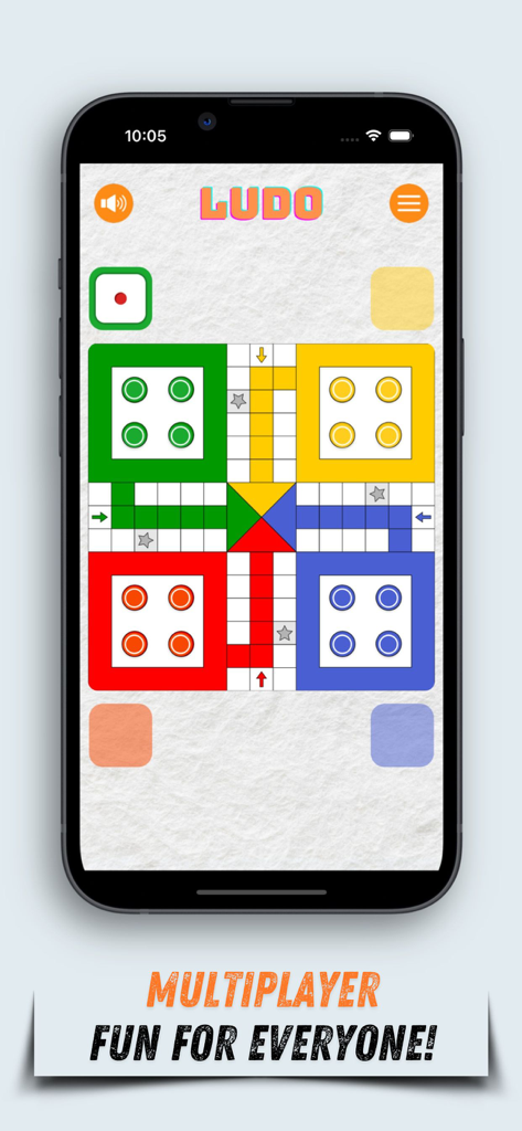 Ludo Game Pro - Pantalla de teléfono inteligente que muestra el juego de mesa Ludo Game Pro con fichas coloridas y texto de juego multijugador