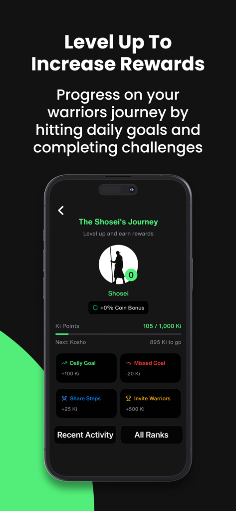 PaidToGo - Walk & Earn Cash - PaidToGo app screen displaying warrior journey progress and daily goals to earn rewards