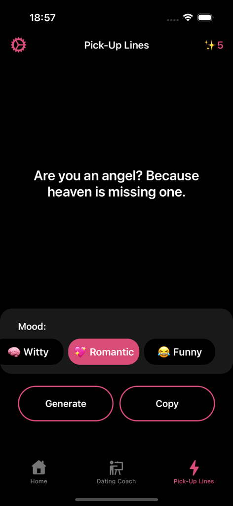Rizz: AI Dating Assistant - Rizz AI Dating Assistant app interface showing a romantic pick-up line generator with mood selection options for witty funny and romantic tones