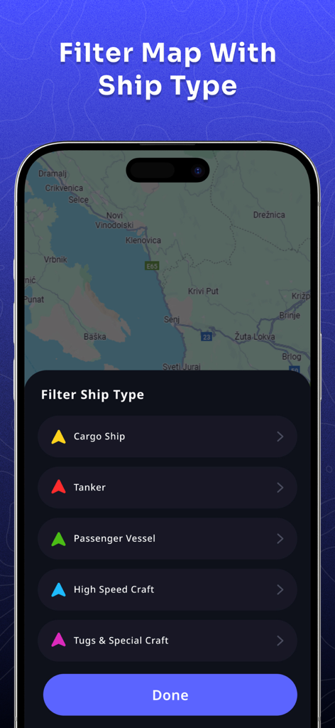 Filter menu options for different types of vessels in the Ship Traffic app