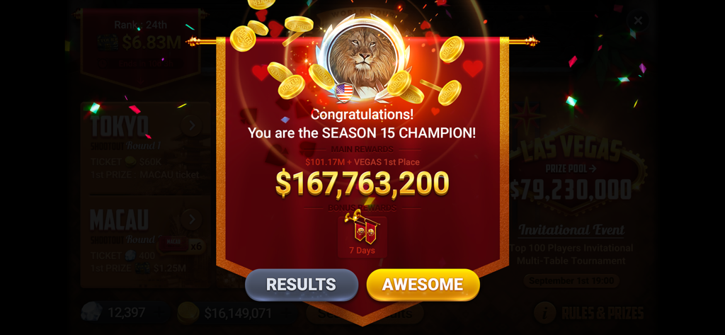Poker Championship - Holdem - Victory screen for the Season 15 Champion in Poker Championship Holdem showing a large chip reward