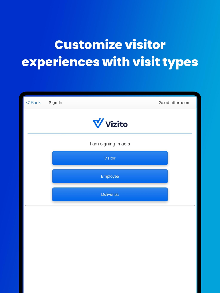 Interfaz de iPad de la aplicación de gestión de visitantes Vizito que muestra botones de registro para visitantes, empleados y entregas