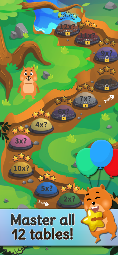 Game map in Times Tables and Friends showing multiplication levels and progress stars