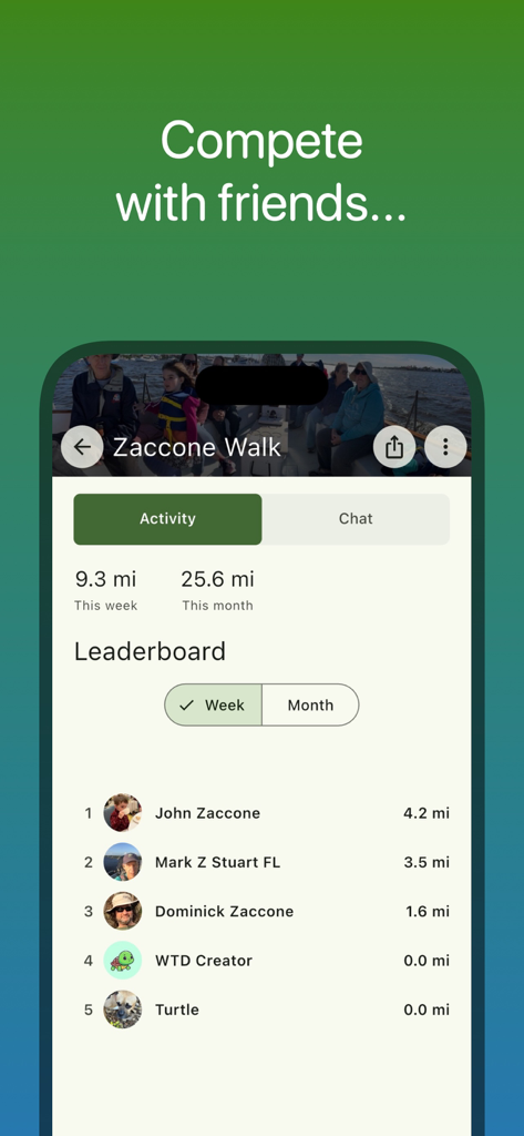 Walk The Distance - Walk The Distance app leaderboard showing weekly walking distances and rankings among friends