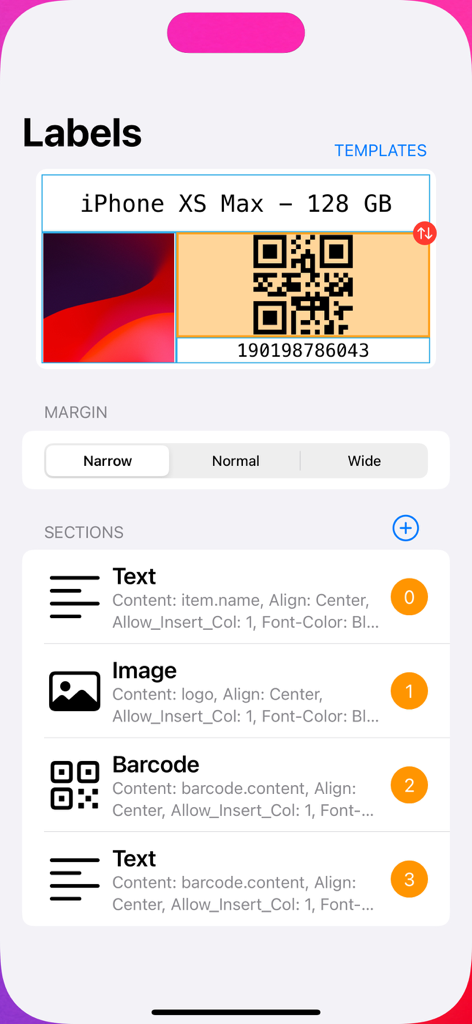 Asset Tracker for Business - Oberfläche zur Gestaltung benutzerdefinierter Asset-Labels mit QR-Codes und Artikeldetails