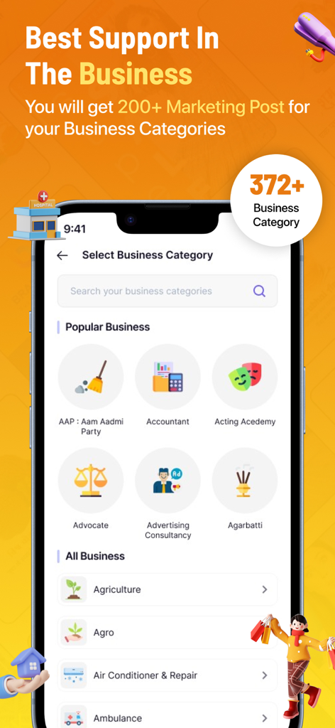 BrandFlex®: Festival Poster - Interface of the BrandFlex app showing a selection of over 372 business categories for creating professional marketing and festival posters.