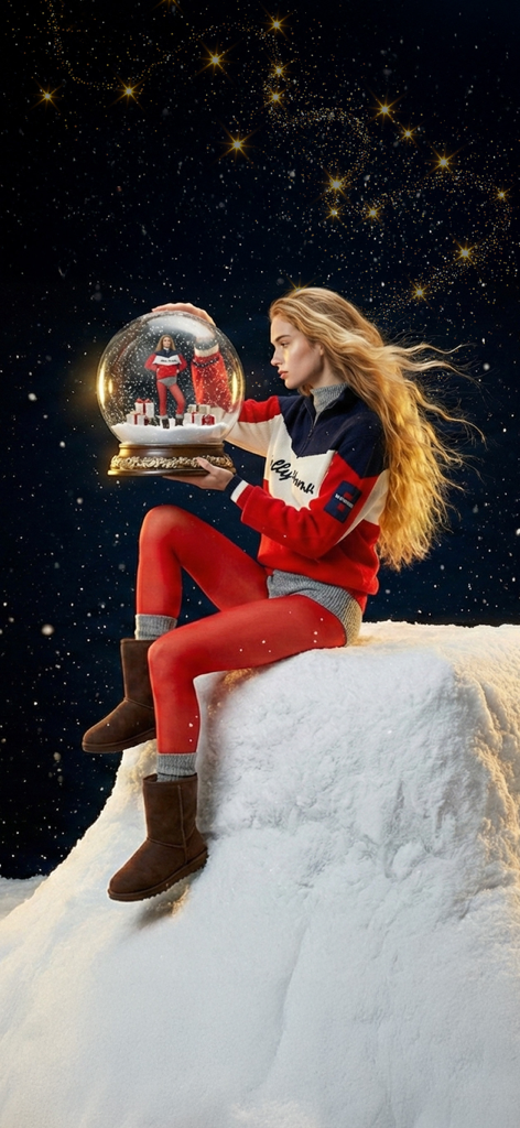 FashFed – Online Alışveriş - Eine Frau in einem roten und blauen Winterpullover und roten Leggings sitzt auf einem Schneehügel und hält eine Schneekugel