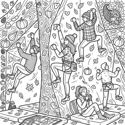 Experience the thrill of indoor climbing infused with the cozy warmth of autumn in this unique coloring page. Featuring active climbers amidst falling leaves, pumpkins, and festive details, it's a perfect blend of adventure and seasonal charm.