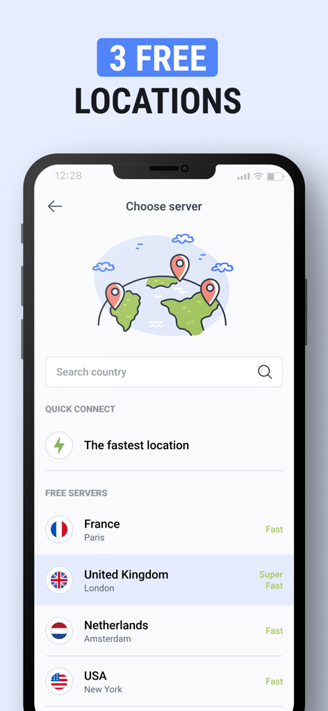 TipTop VPN app interface displaying free server locations in multiple countries