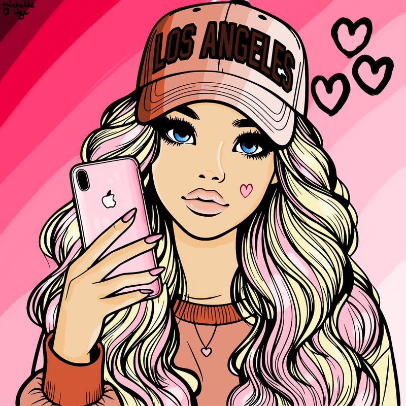 realistic beautiful girl wearing los ángeles cap holding an iphone