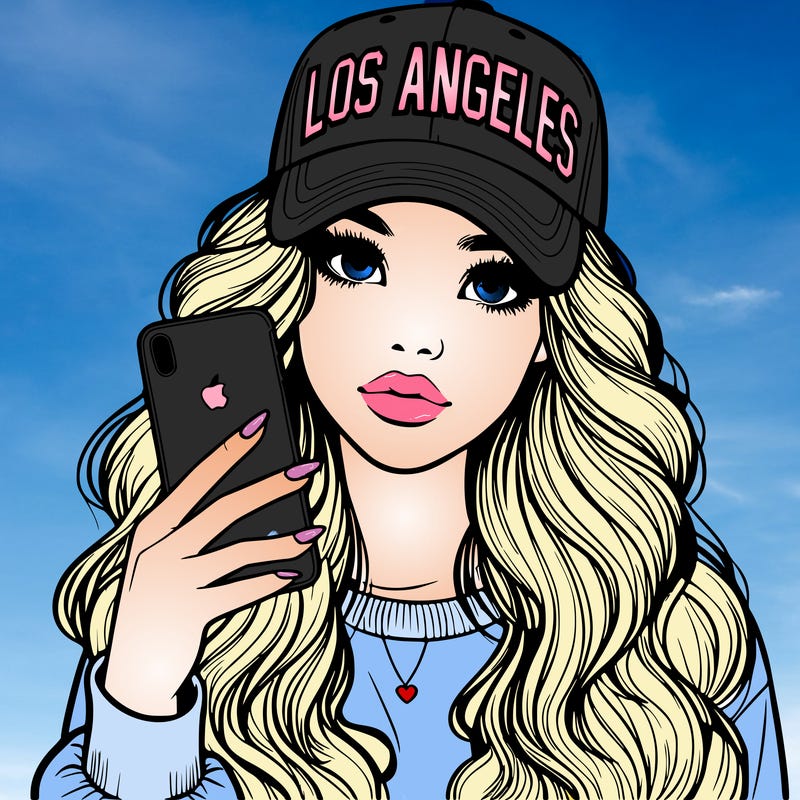 realistic beautiful girl wearing los ángeles cap holding an iphone