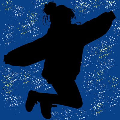 realistic girl jumping with a bun and oversized sweatshirt