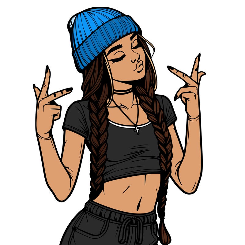 realistic teenage girl with braids and a beanie and crop top doing 🫶🏼