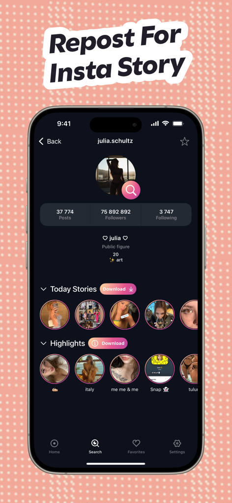 Blindstory｜Story Viewer for IG - Blindstory app interface showing an Instagram profile with options to download and repost stories and highlights